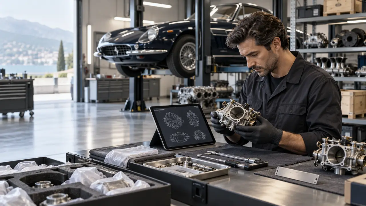 Vérification technique d'une pièce automobile rare dans un atelier professionnel