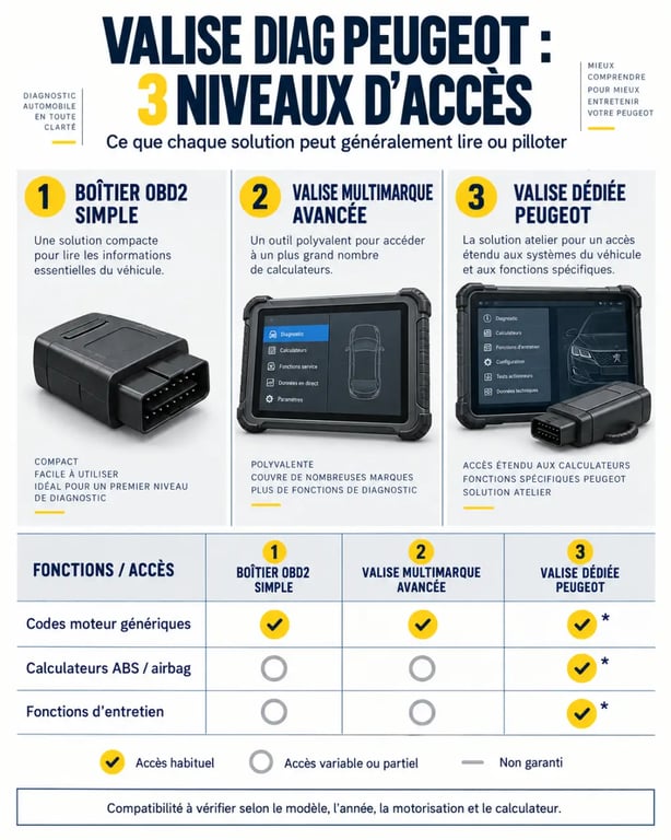 Valise diag Peugeot : différences entre OBD2 simple, valise multimarque et outil dédié