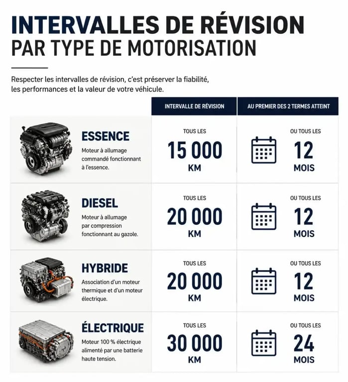 Infographie des intervalles de révision voiture selon la motorisation