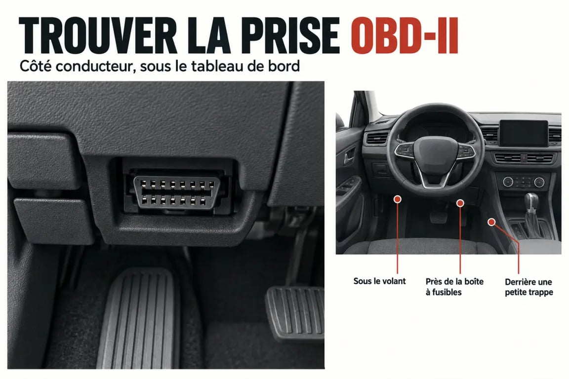 Prise OBD sous le tableau de bord côté conducteur et principaux emplacements possibles