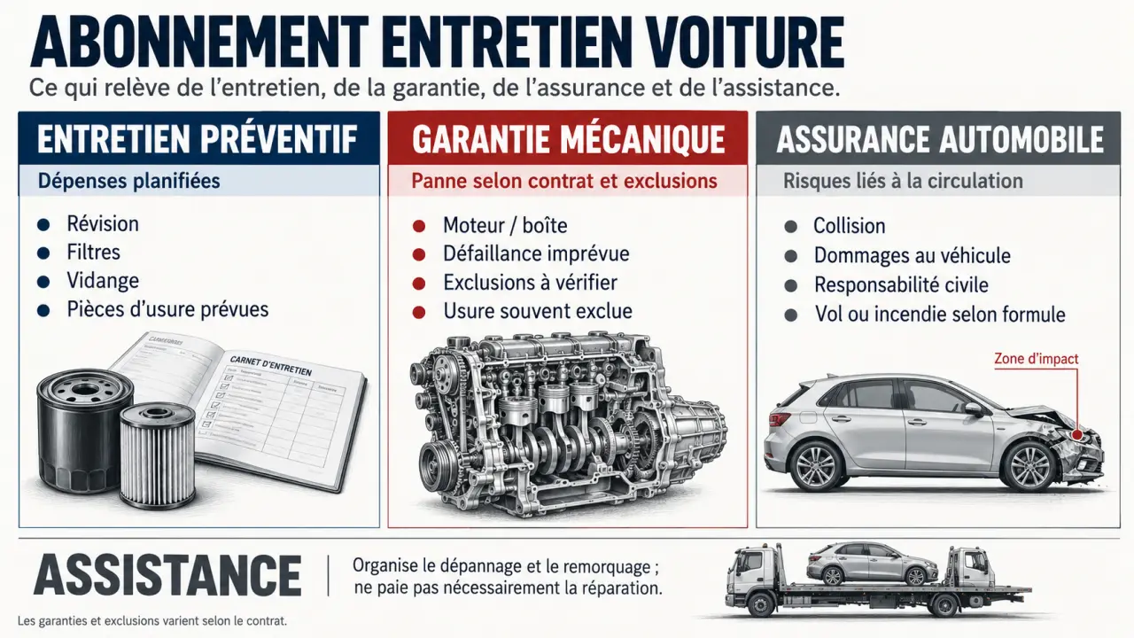 Abonnement entretien voiture : différences entre entretien, garantie mécanique, assurance et assistance
