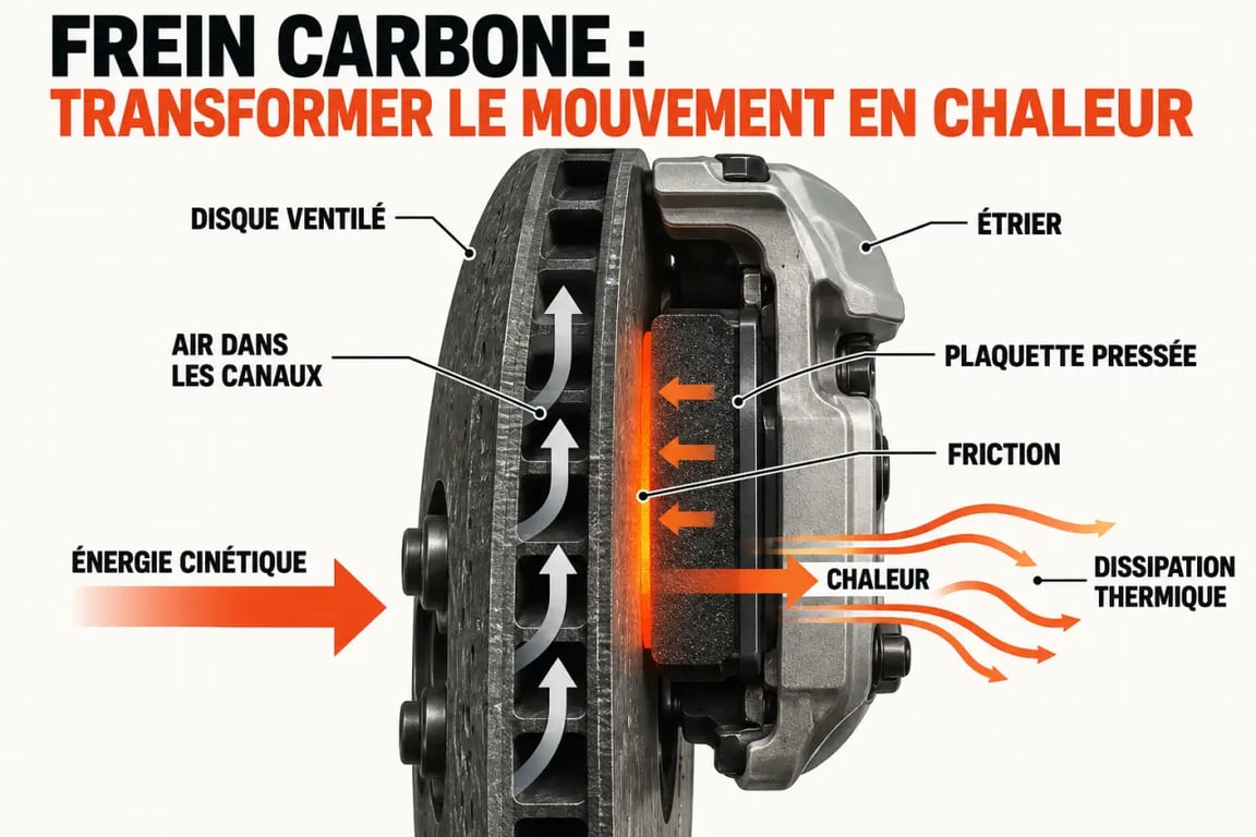 Schéma du fonctionnement d'un frein carbone, de la friction à la dissipation de la chaleur