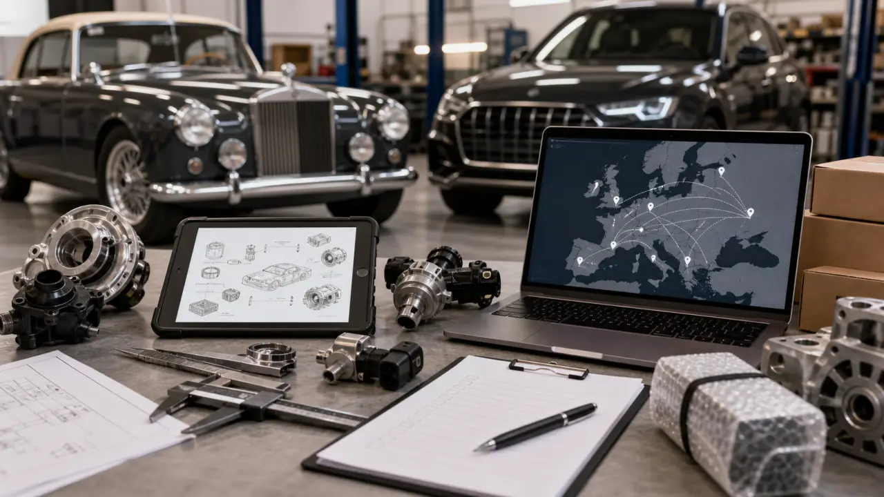 Pièce automobile rare et outils de contrôle sur fond technique