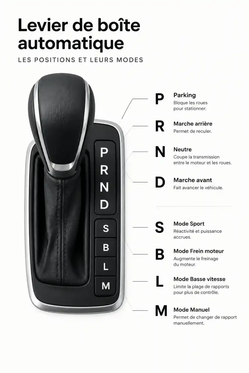 Schéma du levier d'une voiture automatique avec les positions P R N D et les modes S B L M expliqués