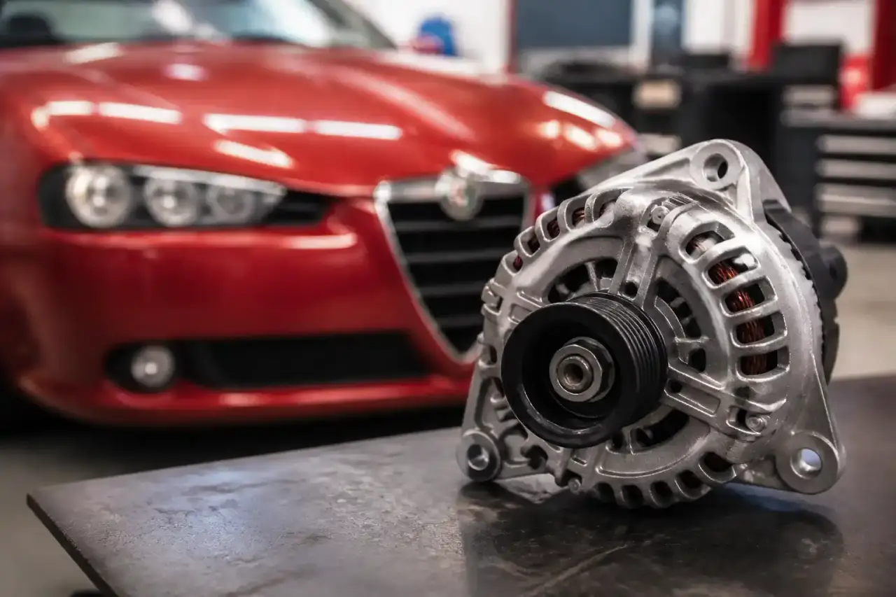 Alternateur automobile inspecté sur établi technique avec plans mécaniques