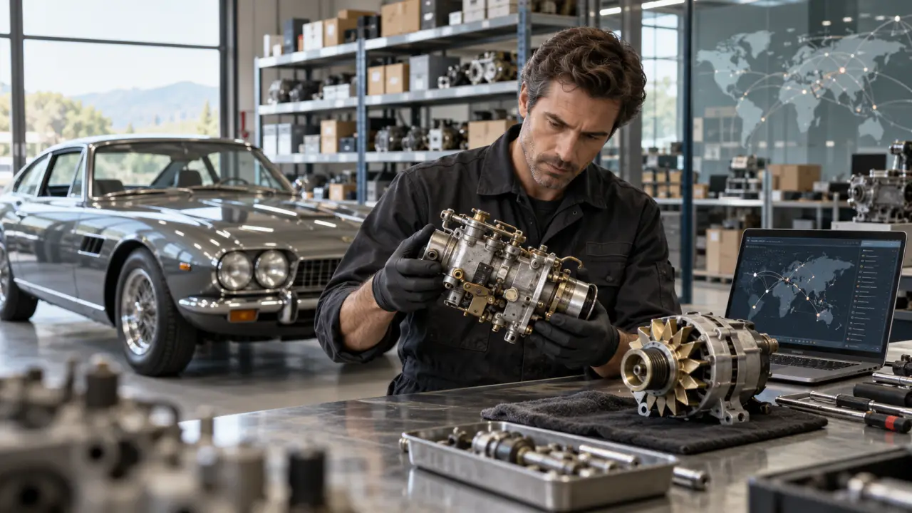 Pièces mécaniques anciennes et composants automobiles techniques sur un établi