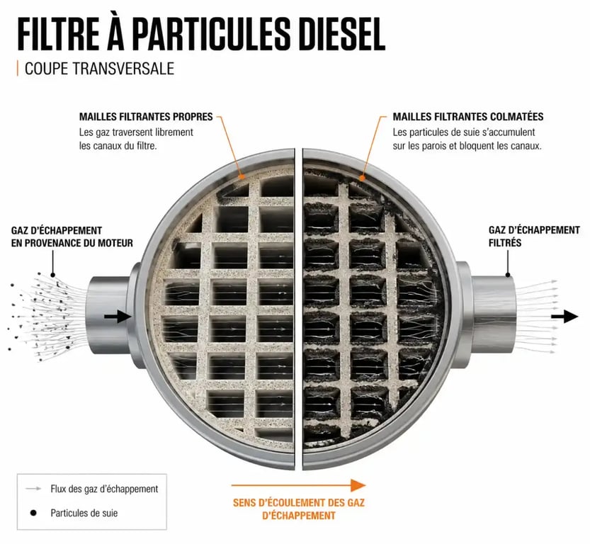 Schéma du filtre à particules encrassé illustrant le principe du défapage voiture