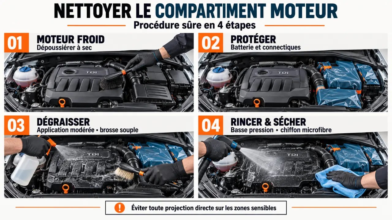 Nettoyage voiture moteur en quatre étapes avec protection des composants électriques