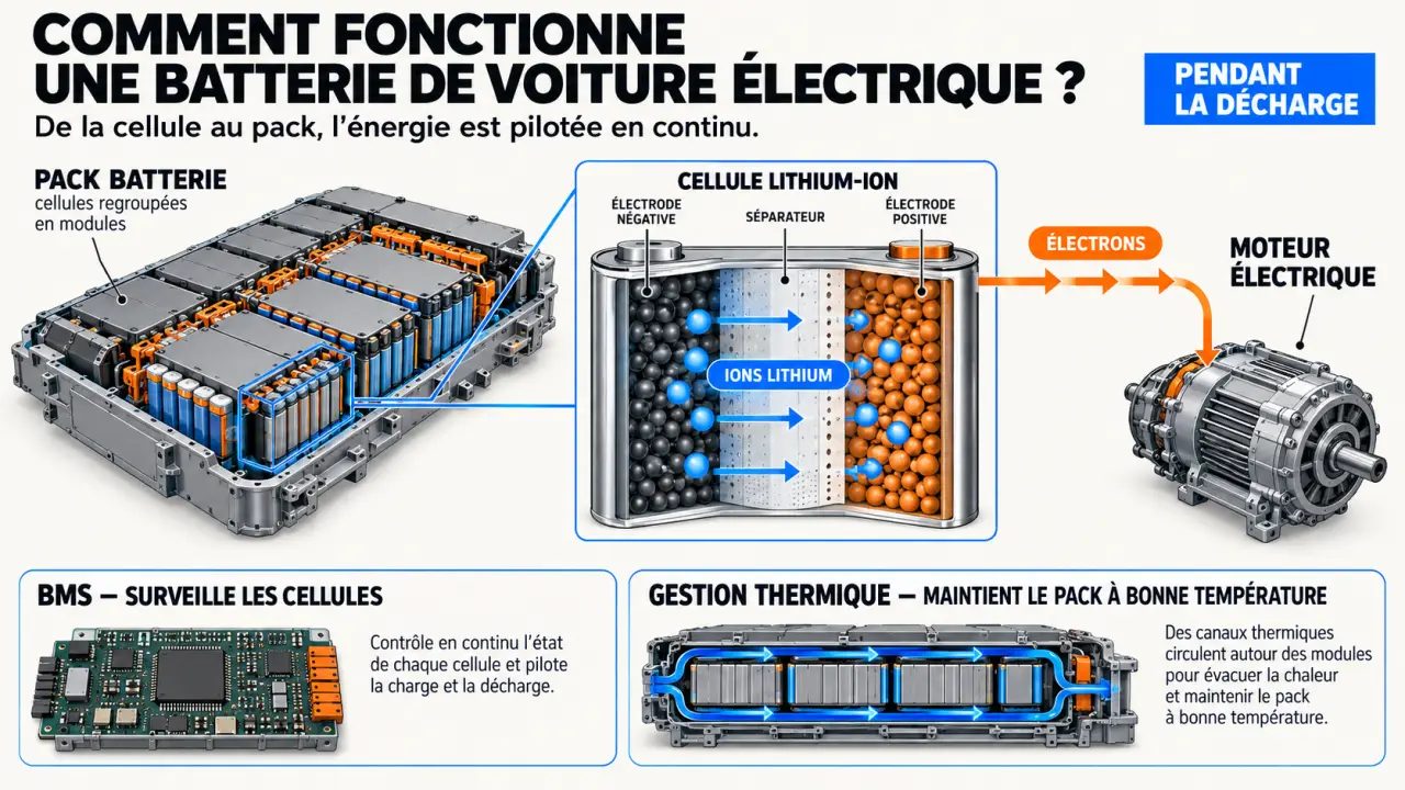 Schéma du fonctionnement d’une batterie de voitures électriques avec cellules, ions lithium et BMS