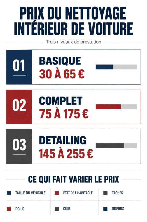 Infographie sur le prix d’un nettoyage intérieur de voiture selon la formule et l’état de l’habitacle
