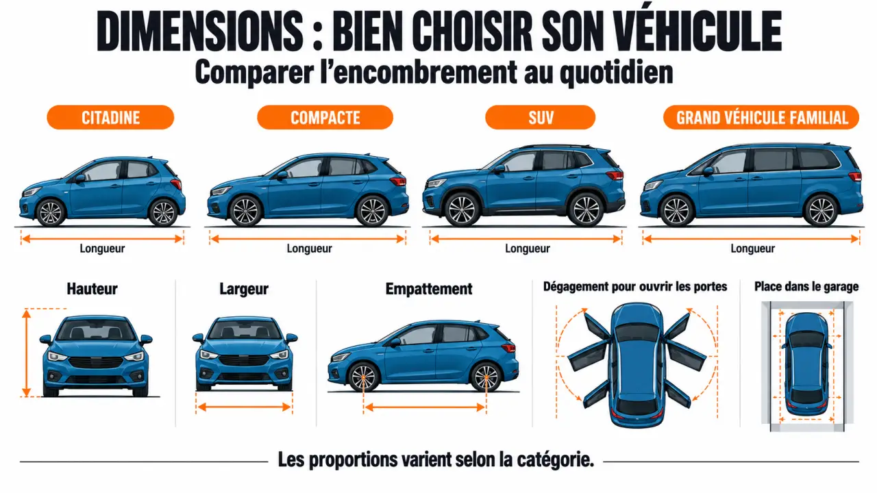 Infographie sur les dimensions voitures et les principaux repères de gabarit
