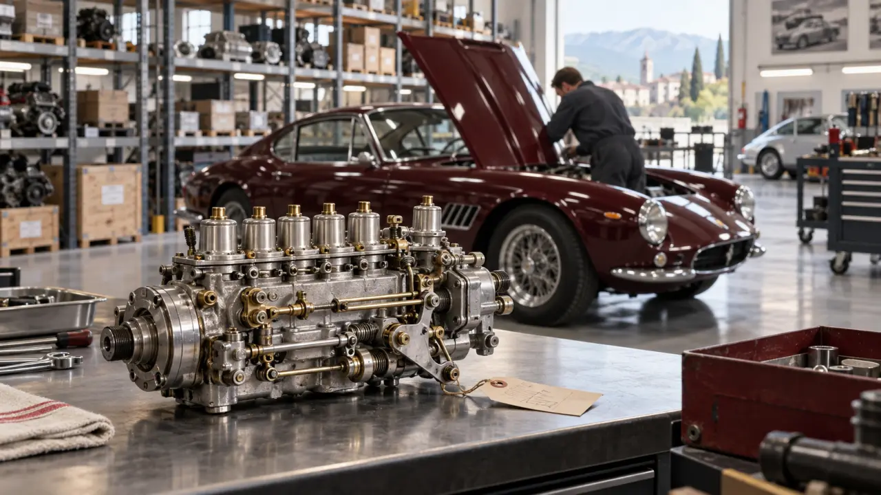 Pièces mécaniques rares pour véhicule de collection dans un atelier automobile