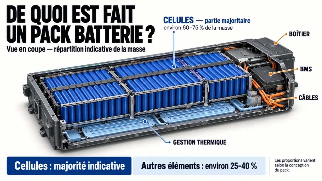 Schéma de la composition du poid batterie voiture électrique entre cellules, boîtier, BMS et système thermique