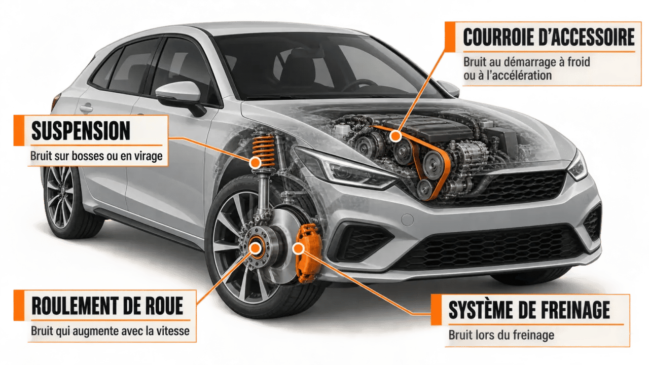 Schéma des causes possibles d’une voiture qui couine en roulant : freins, suspension, courroie et roulement