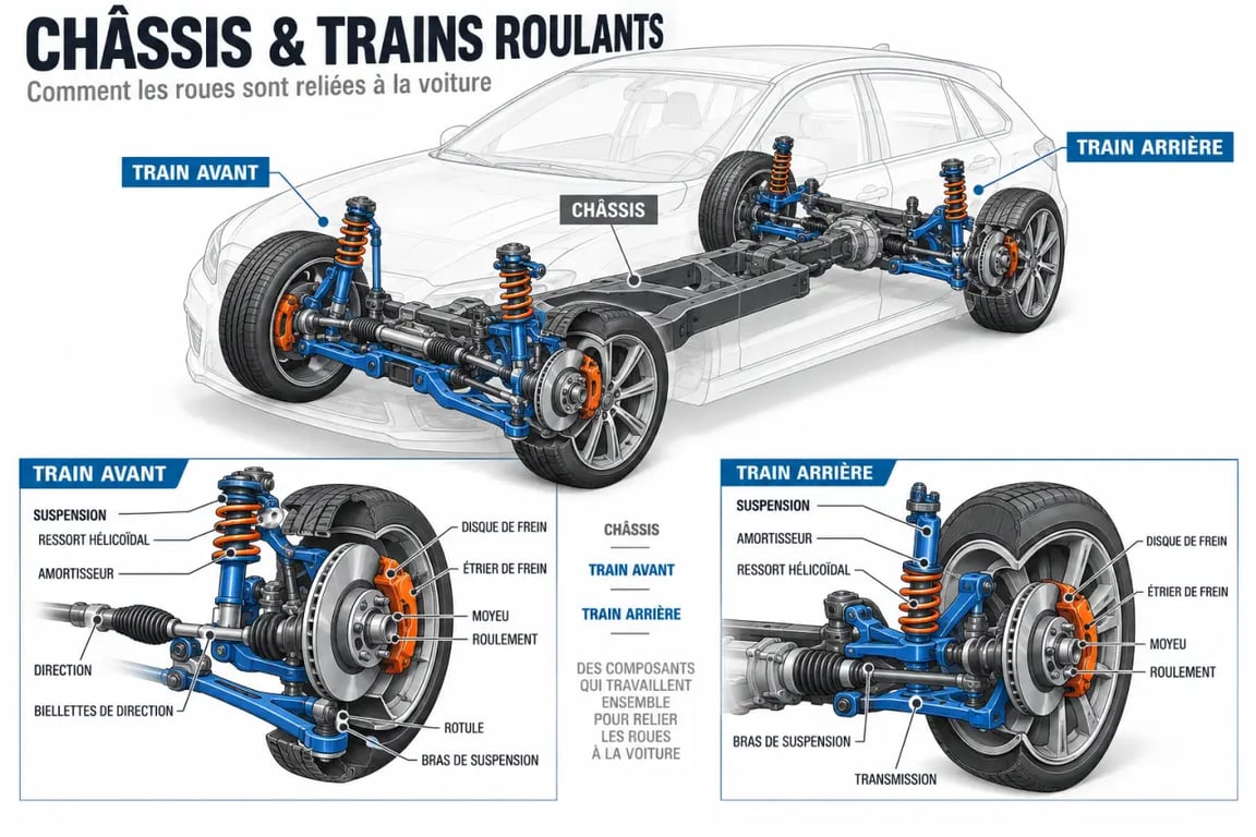 Schéma annoté des trains roulants d'une voiture et de leurs principaux composants