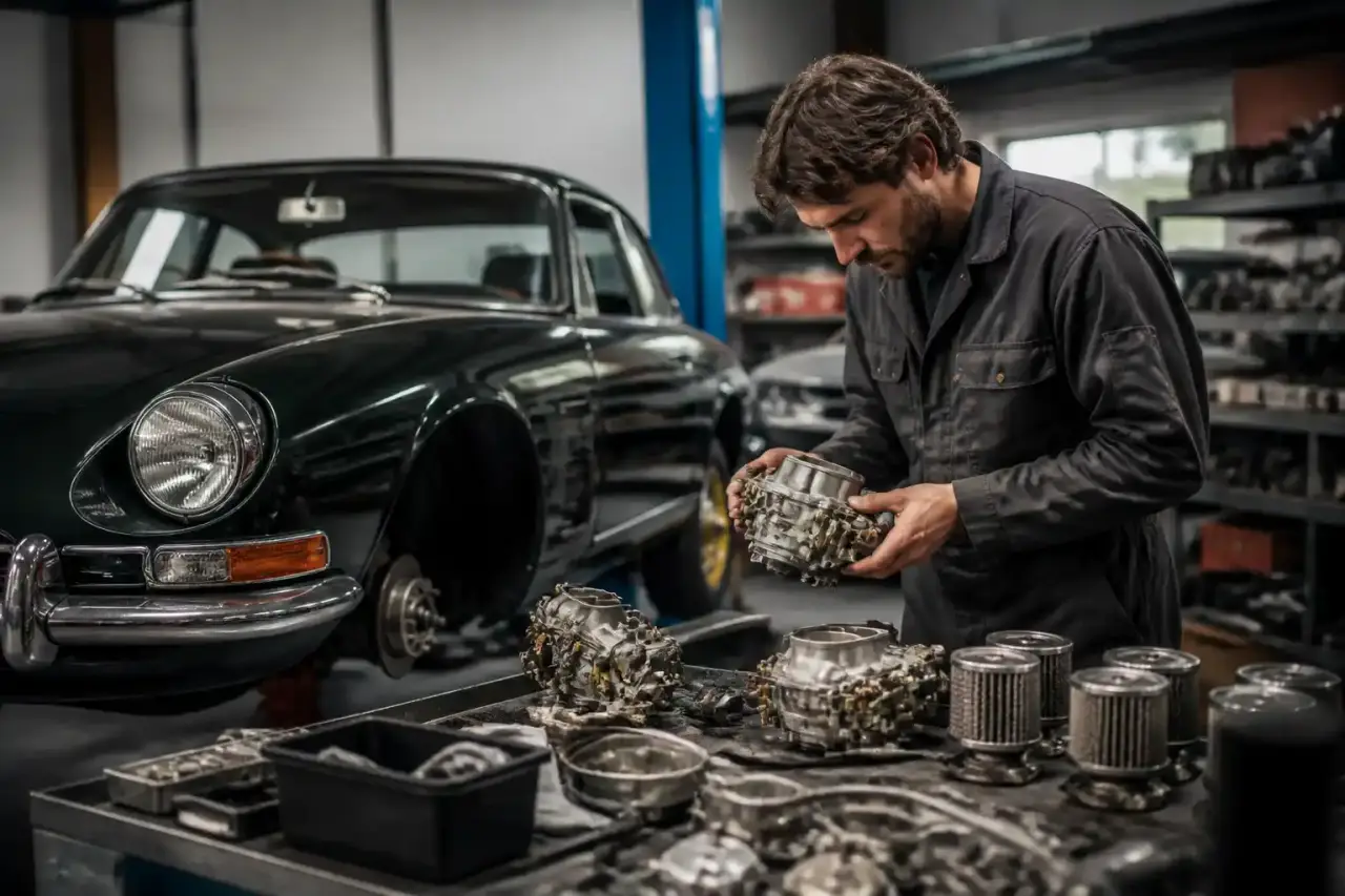 Restauration d'une voiture ancienne dans un atelier de mécanique