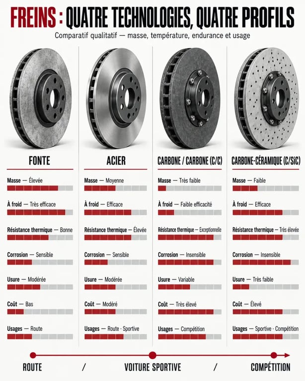 Infographie comparative des freins carbone, acier, fonte et carbone-céramique