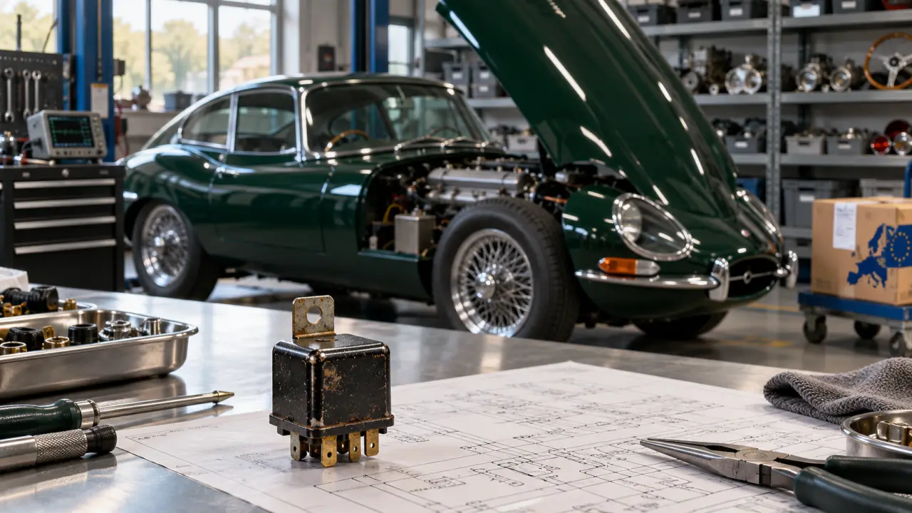 Jaguar E-Type ancienne dans un atelier spécialisé, recherche d'un relais Lucas rare