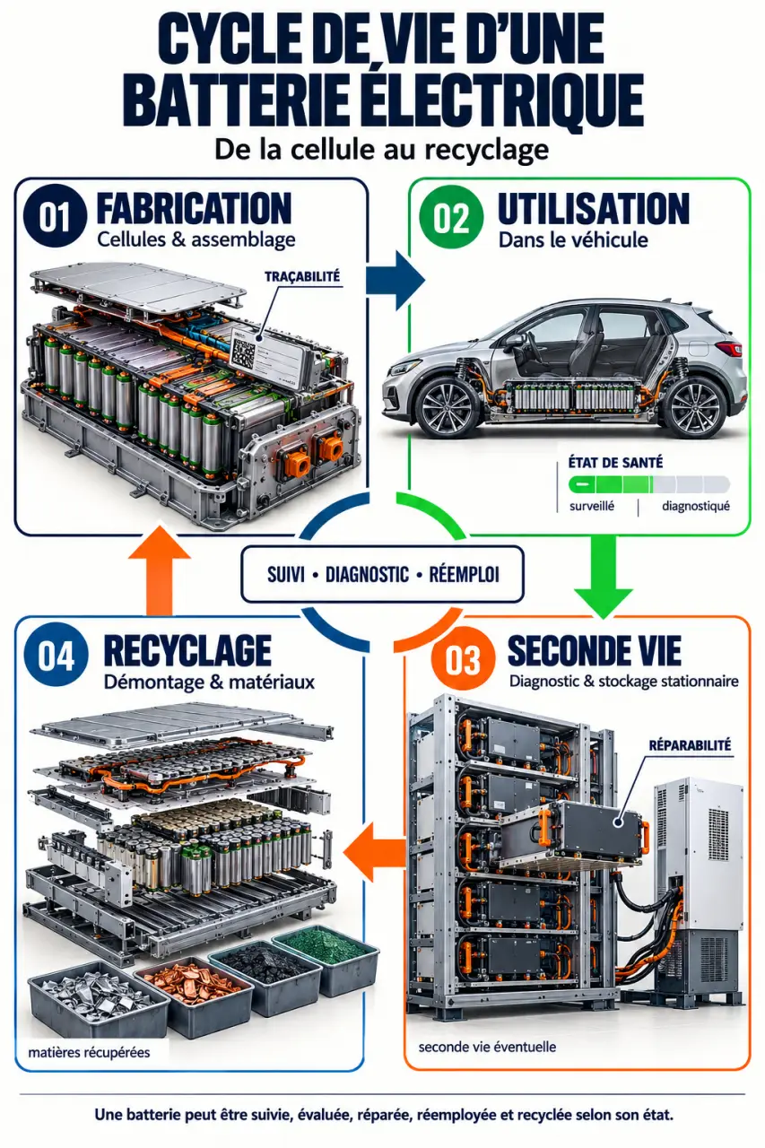 Cycle de vie d’une batterie de voitures électriques, de la fabrication au recyclage