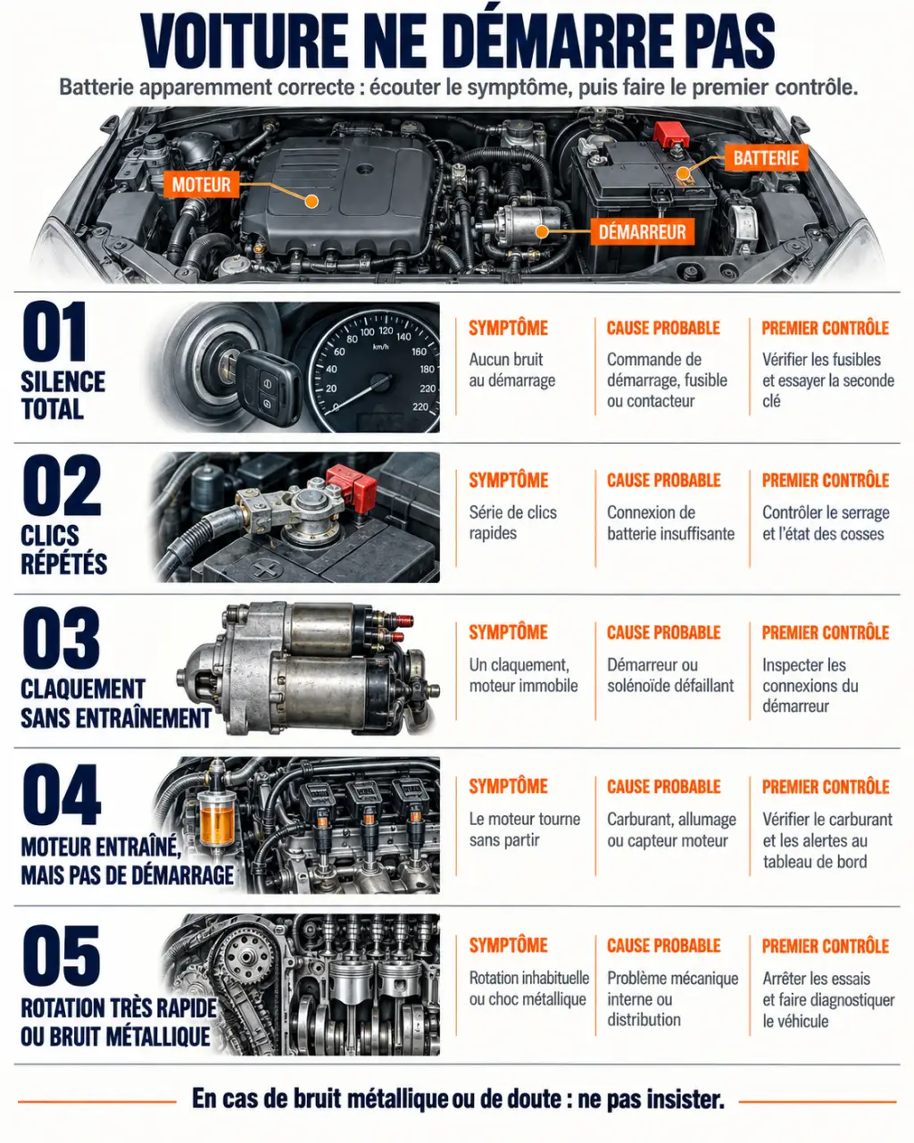 Infographie pour comprendre pourquoi une voiture ne démarre pas mais batterie ok selon les symptômes