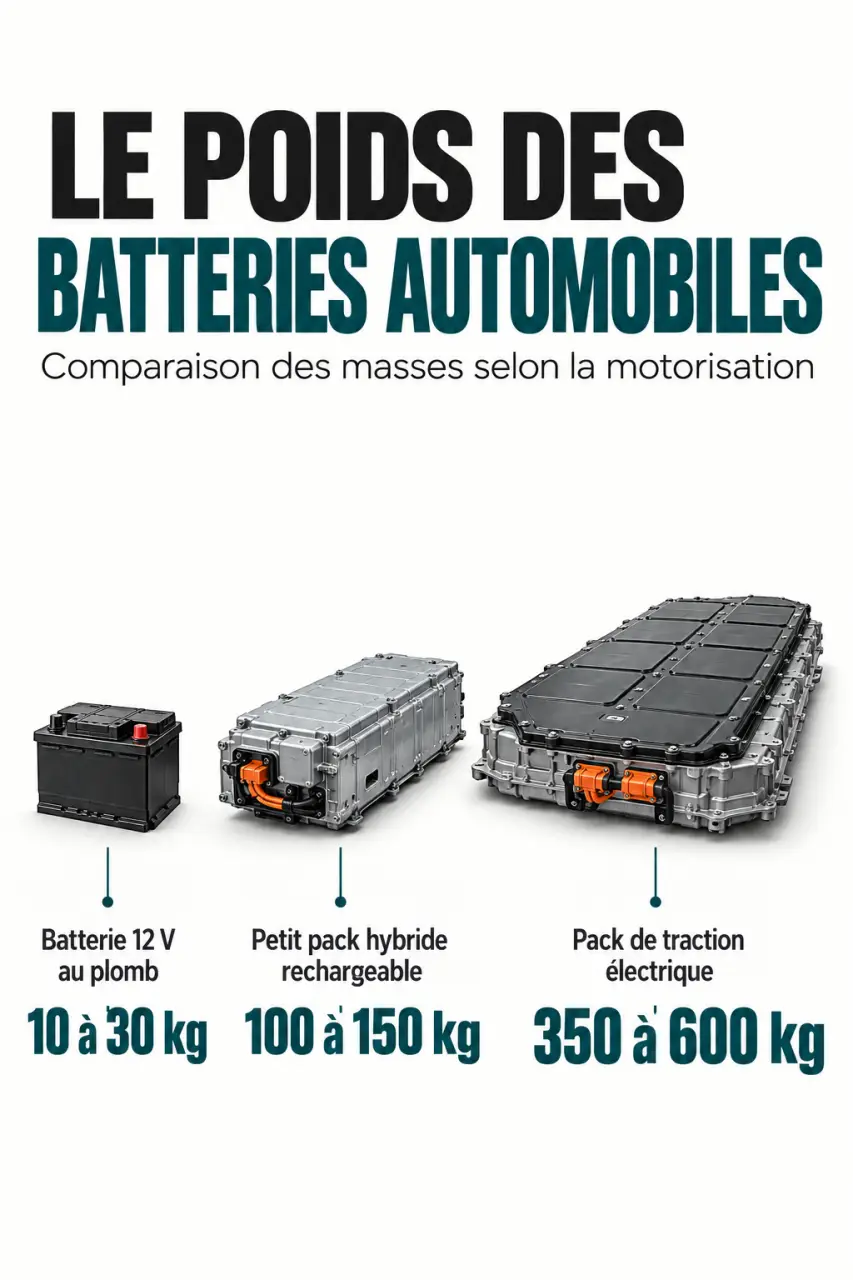 Infographie sur le poid batterie voiture thermique, hybride et électrique avec les principales fourchettes en kilogrammes