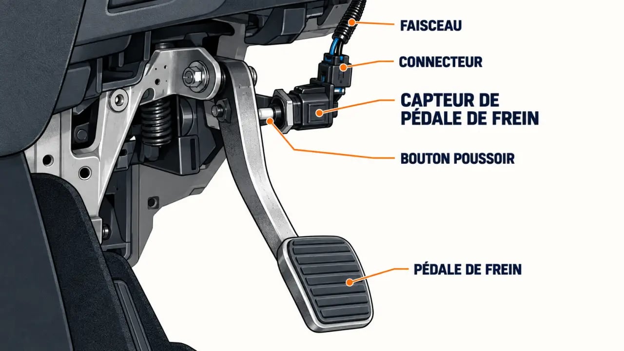Schéma simplifié de l’emplacement d’un capteur de pédale de frein sous le tableau de bord