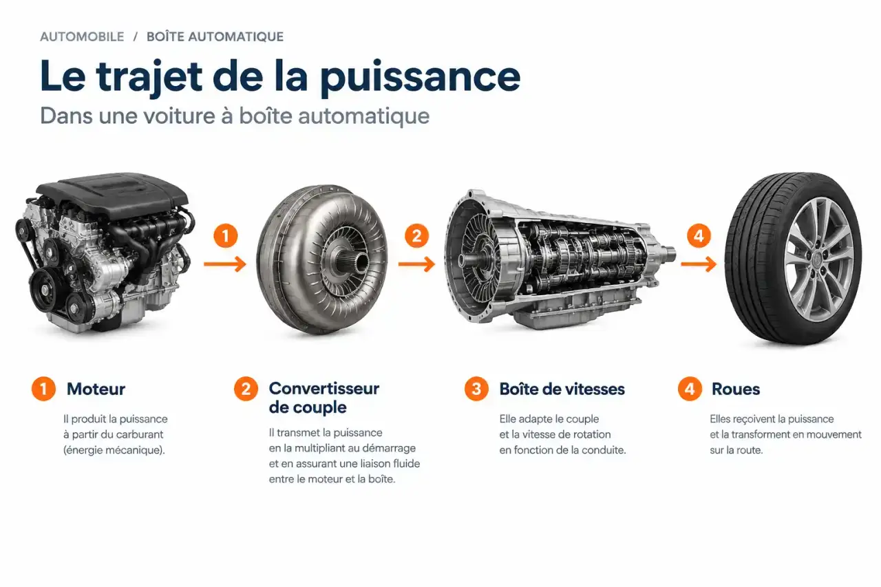 Schéma du fonctionnement d'une voiture automatique : du moteur au convertisseur de couple, à la boîte et aux roues