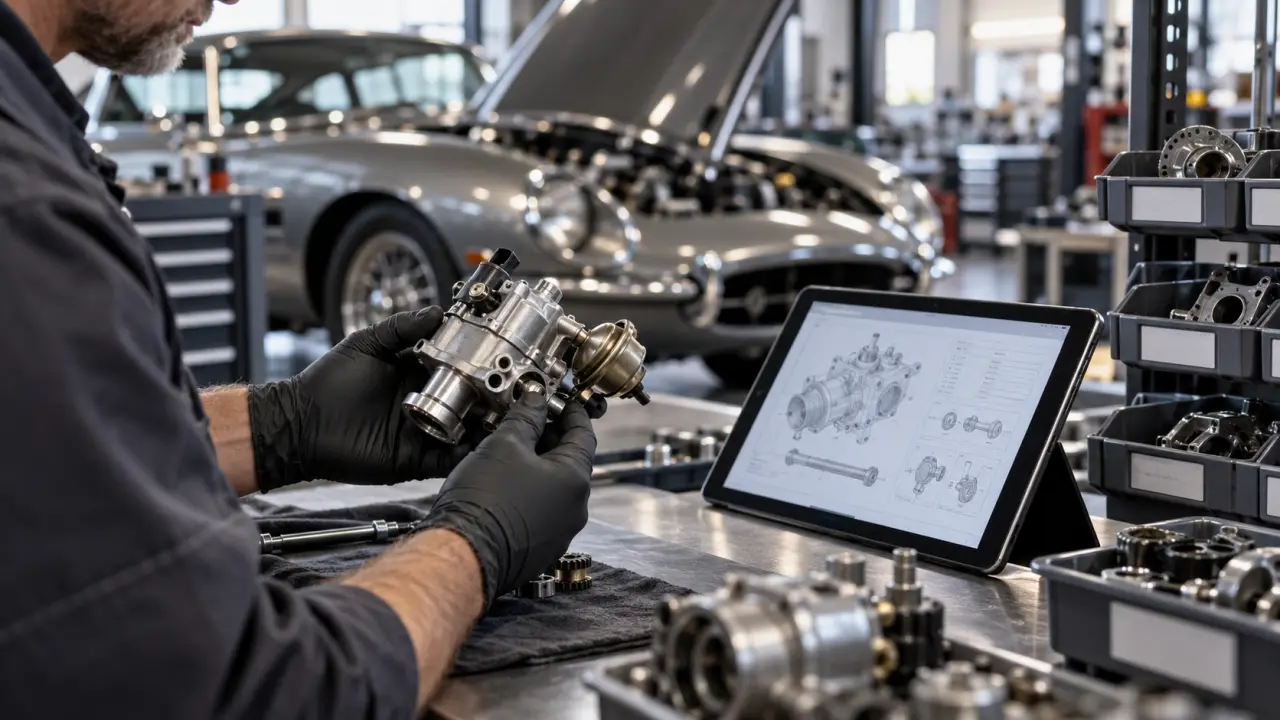Vérification technique d'une pièce automobile rare dans un atelier professionnel
