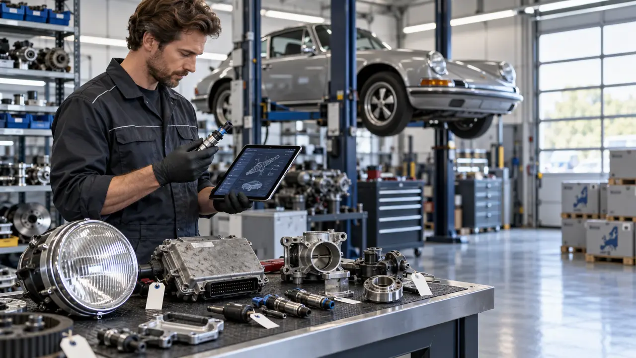 Recherche de pièces automobiles rares dans un atelier professionnel