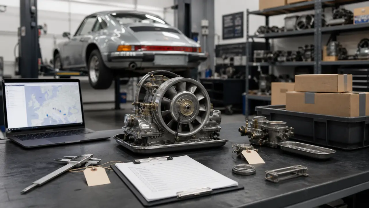 Pièce Porsche rare en gros plan sur fond technique